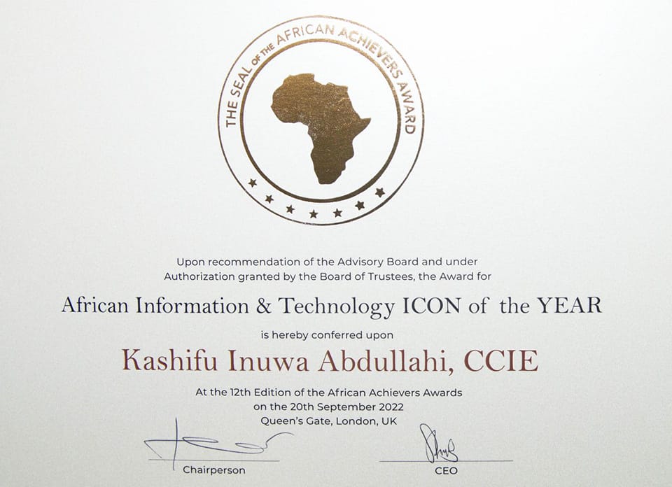 DG NITDA HONOURED AS THE AFRICAN INFORMATION TECHNOLOGY ICON OF THE YEAR 2022