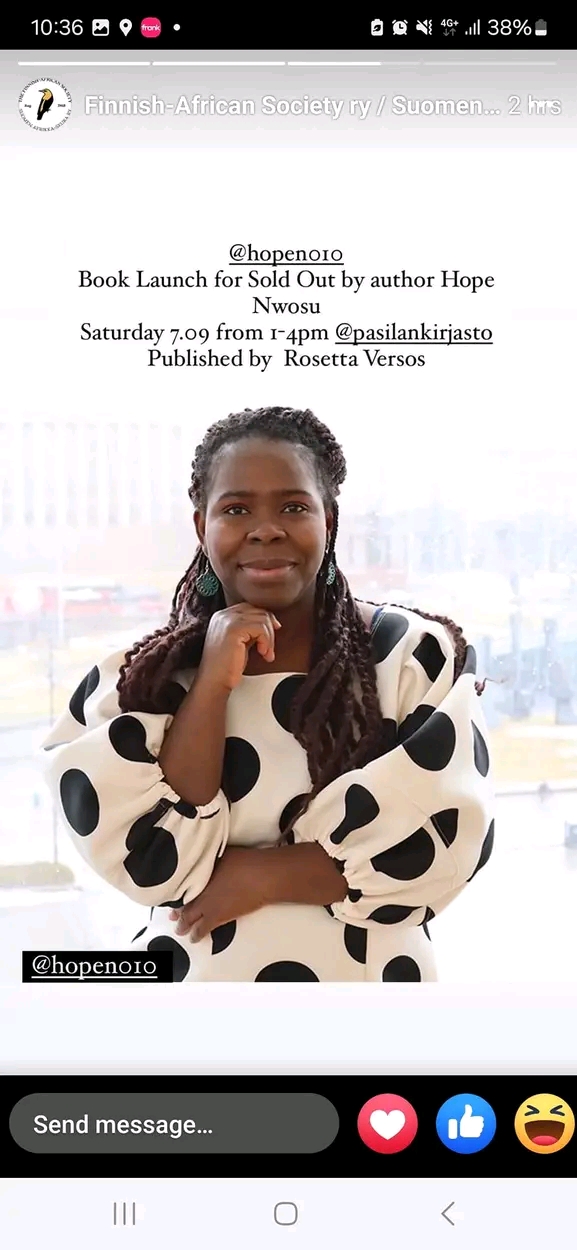 Hope Nwosu Set to Launch Debut Novel “Sold Out” in Finland