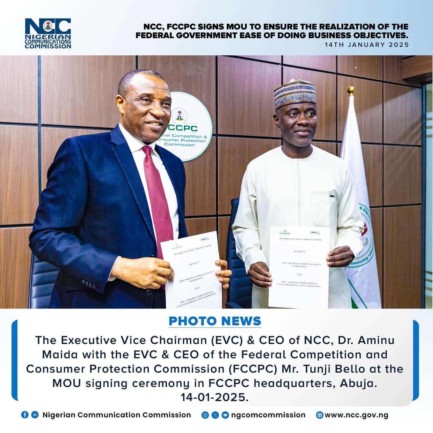 NCC and FCCPC Sign MoU to Strengthen Transparency and Consumer Protection in Telecommunications Sector